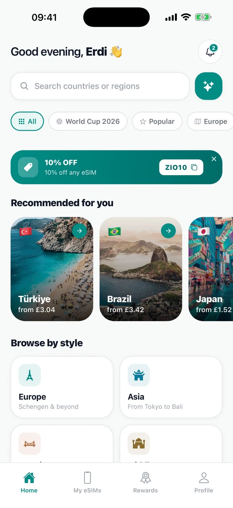 The eSIMzio app home screen — search destinations and browse recommended country plans
