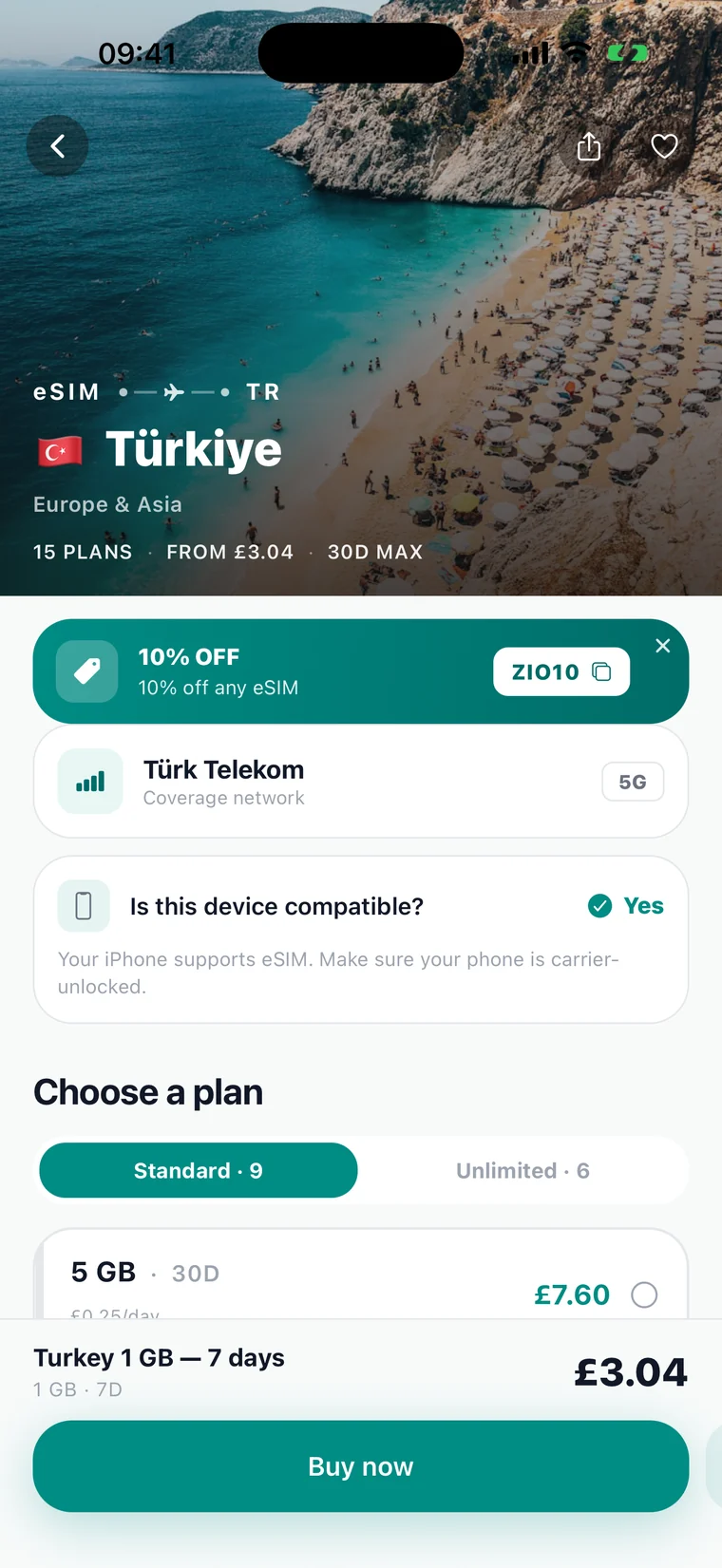 Choosing a Türkiye data plan in the app, with real operator coverage and prices