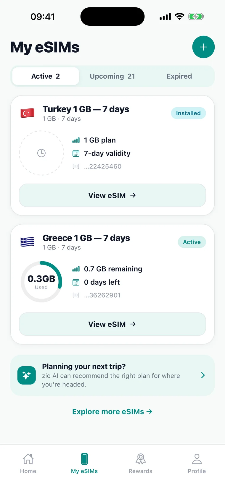 Tracking active eSIMs and live remaining data in the app