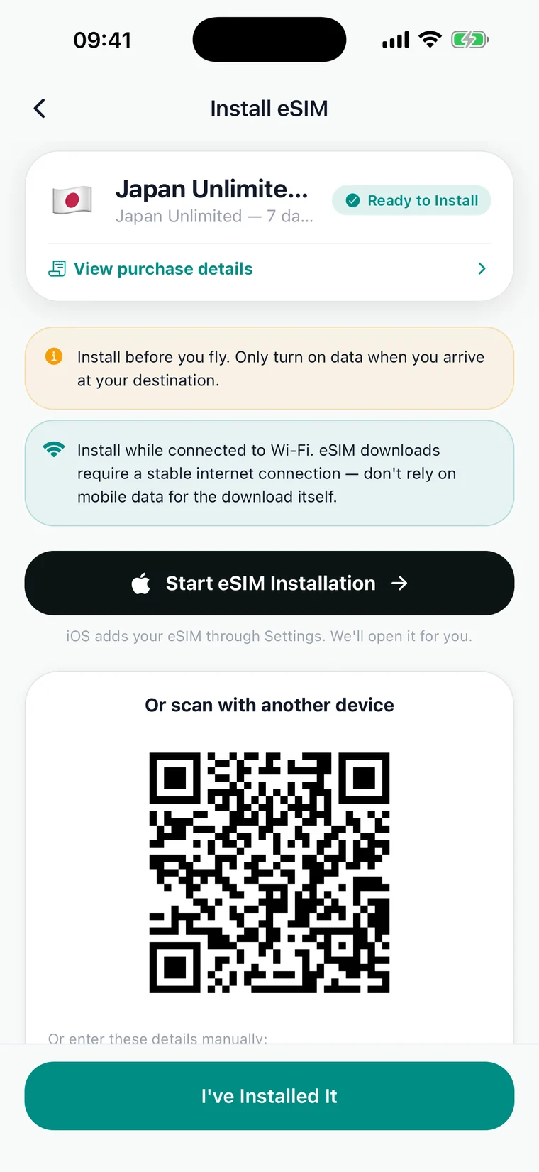 Installing an eSIM in the app with a one-tap button or QR code