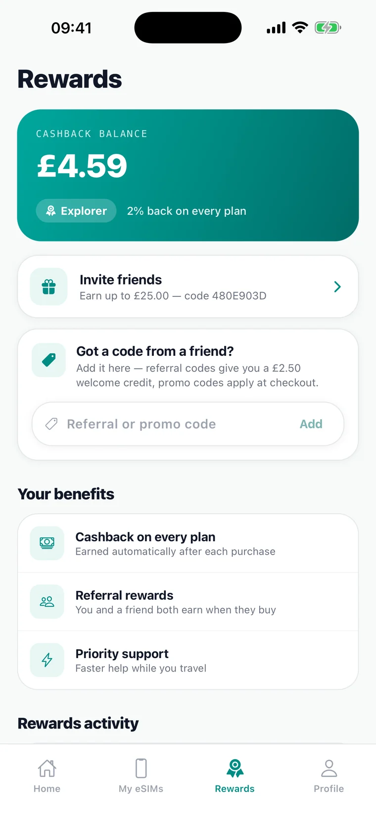 Cashback balance and referral rewards